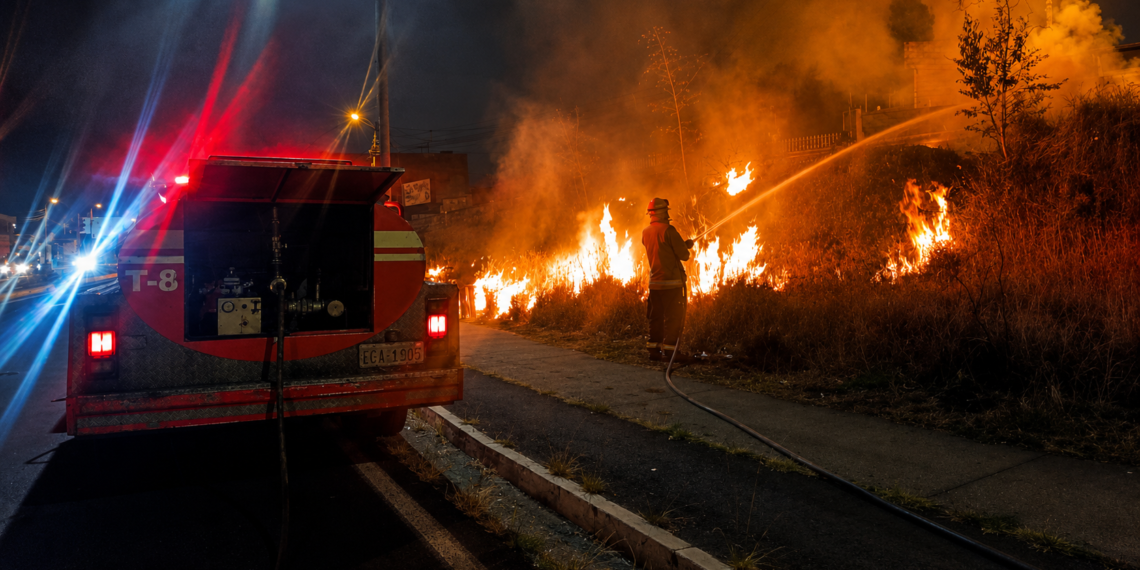 Bombero combate un incendio de vegetación durante una emergencia nocturna en Ibarra
