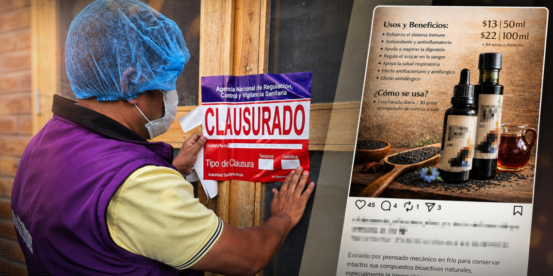 Funcionario de Arcsa coloca un rótulo de clausura en un establecimiento de Imbabura