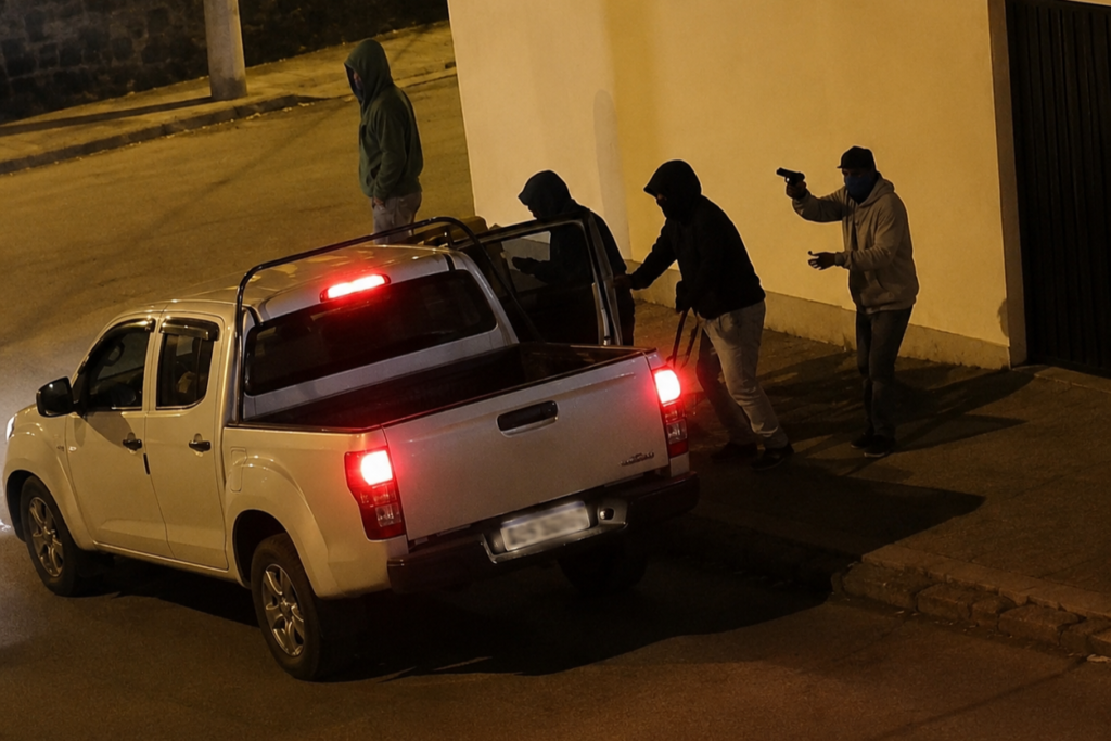 Hombres encapuchados junto a una camioneta durante un presunto asalto a una vivienda en Ibarra