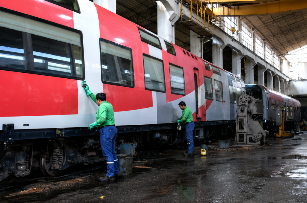 Trabajadores realizan tareas de limpieza y mantenimiento. La unidad forma parte del proceso técnico previsto para reactivar la ruta Ibarra-Salinas, de 30,1 kilómetros, que atraviesa siete túneles y tres puentes.