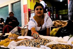 Mujer kichwa exhibe variedades de semillas nativas durante el Muyu Raymi de Cotacachi