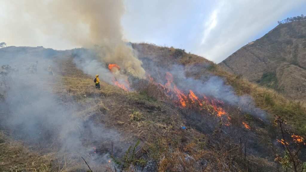 Bomberos combaten incendio forestal entre vegetación seca en Yuracruz, Ibarra