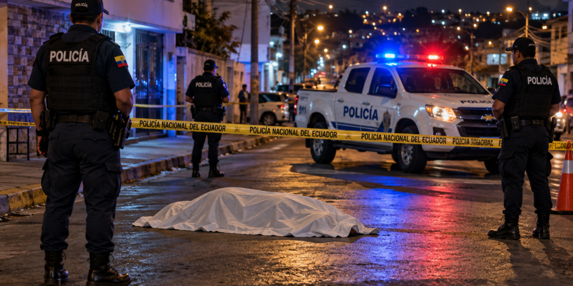 Imagen referencial generada con IA de policías de Ecuador resguardando una escena nocturna con un cuerpo cubierto y cinta de seguridad.
