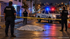 Imagen referencial generada con IA de policías de Ecuador resguardando una escena nocturna con un cuerpo cubierto y cinta de seguridad.