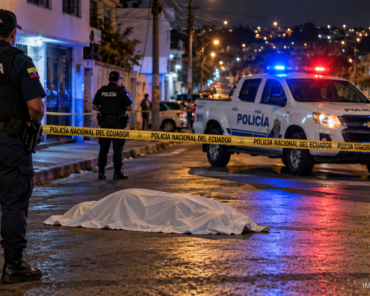 Imagen referencial generada con IA de policías de Ecuador resguardando una escena nocturna con un cuerpo cubierto y cinta de seguridad.