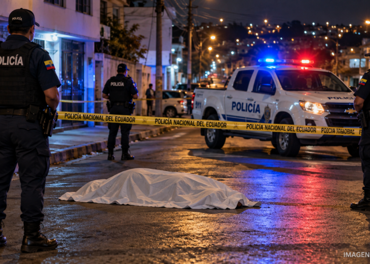 Imagen referencial generada con IA de policías de Ecuador resguardando una escena nocturna con un cuerpo cubierto y cinta de seguridad.