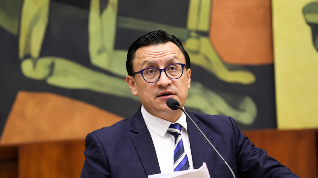 David Rosero habla ante un micrófono durante una intervención pública.
